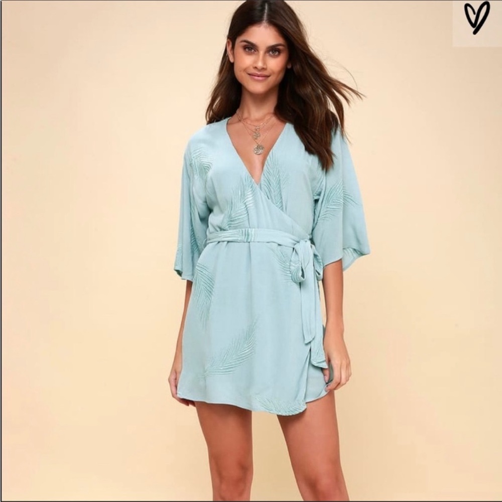 Brand New, with Tags- To The Tropics Light Blue Embroidered Wrap Dress. Size: XS